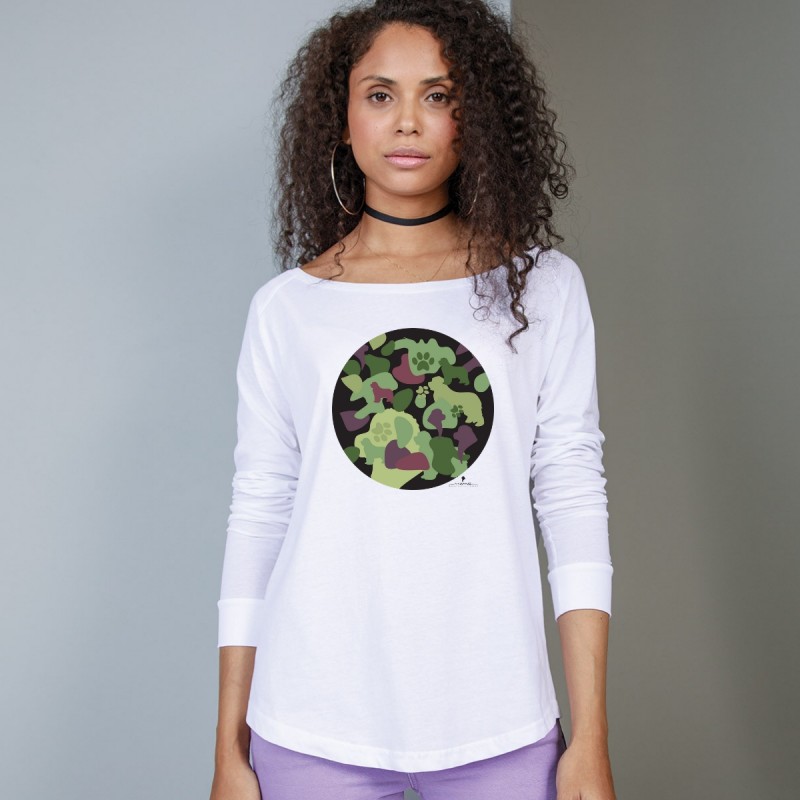 T-Shirt manica lunga da donna, girocollo profondo, con grafica cane Terranova - Newfy Camouflage