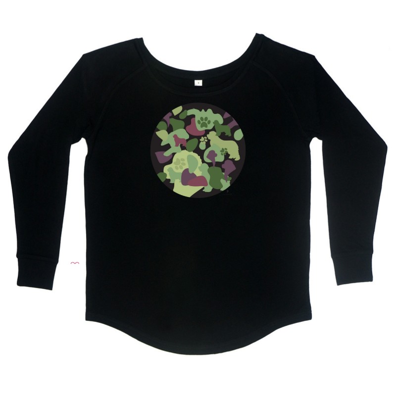 T-Shirt manica lunga da donna, girocollo profondo, con grafica cane Terranova - Newfy Camouflage T-Shirt manica lunga da donna, girocollo profondo, con grafica cane Terranova - Newfy Camouflage