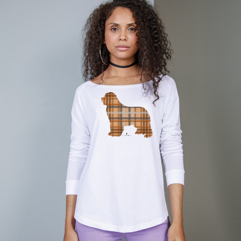 T-Shirt manica lunga da donna, girocollo profondo, con grafica cane Terranova - Newfy Tartan T-Shirt manica lunga da donna, girocollo profondo, con grafica cane Terranova - Newfy Tartan