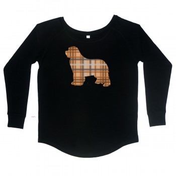 T-Shirt manica lunga da donna, girocollo profondo, con grafica cane Terranova - Newfy Tartan