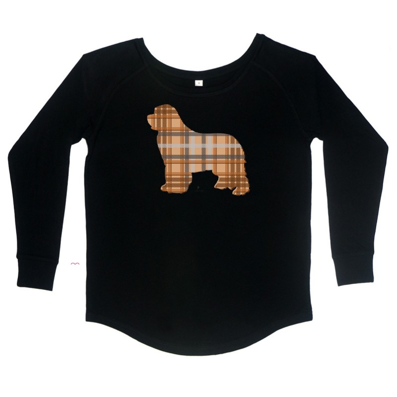 T-Shirt manica lunga da donna, girocollo profondo, con grafica cane Terranova - Newfy Tartan T-Shirt manica lunga da donna, girocollo profondo, con grafica cane Terranova - Newfy Tartan