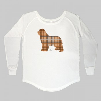 T-Shirt manica lunga da donna, girocollo profondo, con grafica cane Terranova - Newfy Tartan