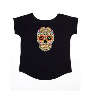 T-Shirt girocollo profondo da donna con grafica cane Terranova - Newfy la noche de los muertos 2