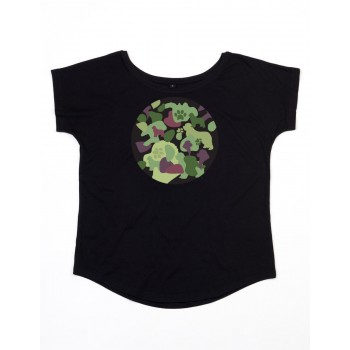 T-Shirt girocollo profondo da donna con grafica cane Terranova - Newfy Camouflage