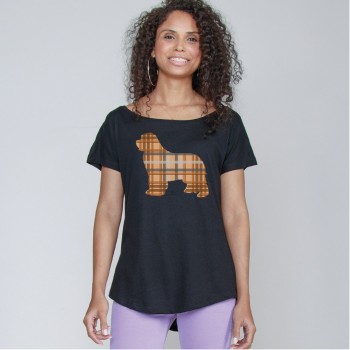T-Shirt girocollo profondo da donna con grafica cane Terranova - Newfy Tartan