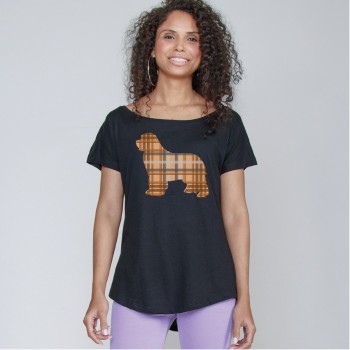 T-Shirt girocollo profondo da donna con grafica cane Terranova - Newfy Tartan