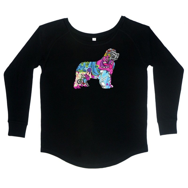 T-Shirt manica lunga da donna, girocollo profondo, con grafica cane Terranova - Newfy Cartoon T-Shirt manica lunga da donna, girocollo profondo, con grafica cane Terranova - Newfy Cartoon