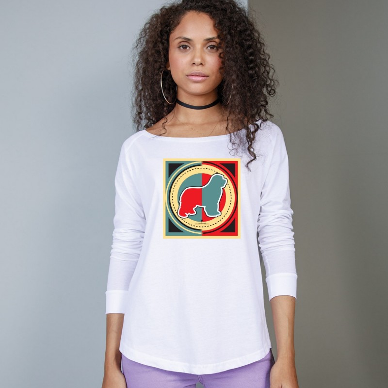 T-Shirt manica lunga da donna, girocollo profondo, con grafica cane Terranova - Newfy Industrial